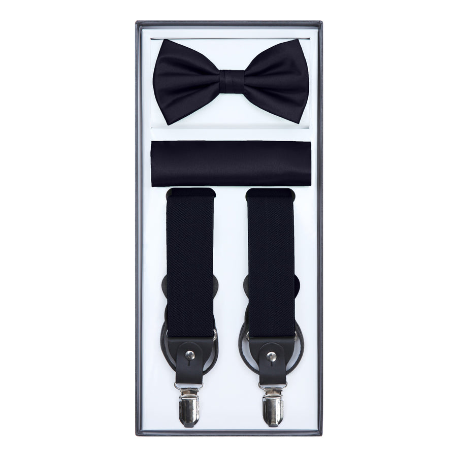 Men's 3 Piece Suspender Set - Includes Suspenders, Matching Bow Tie, Pocket Hanky and Gift Box - Navy