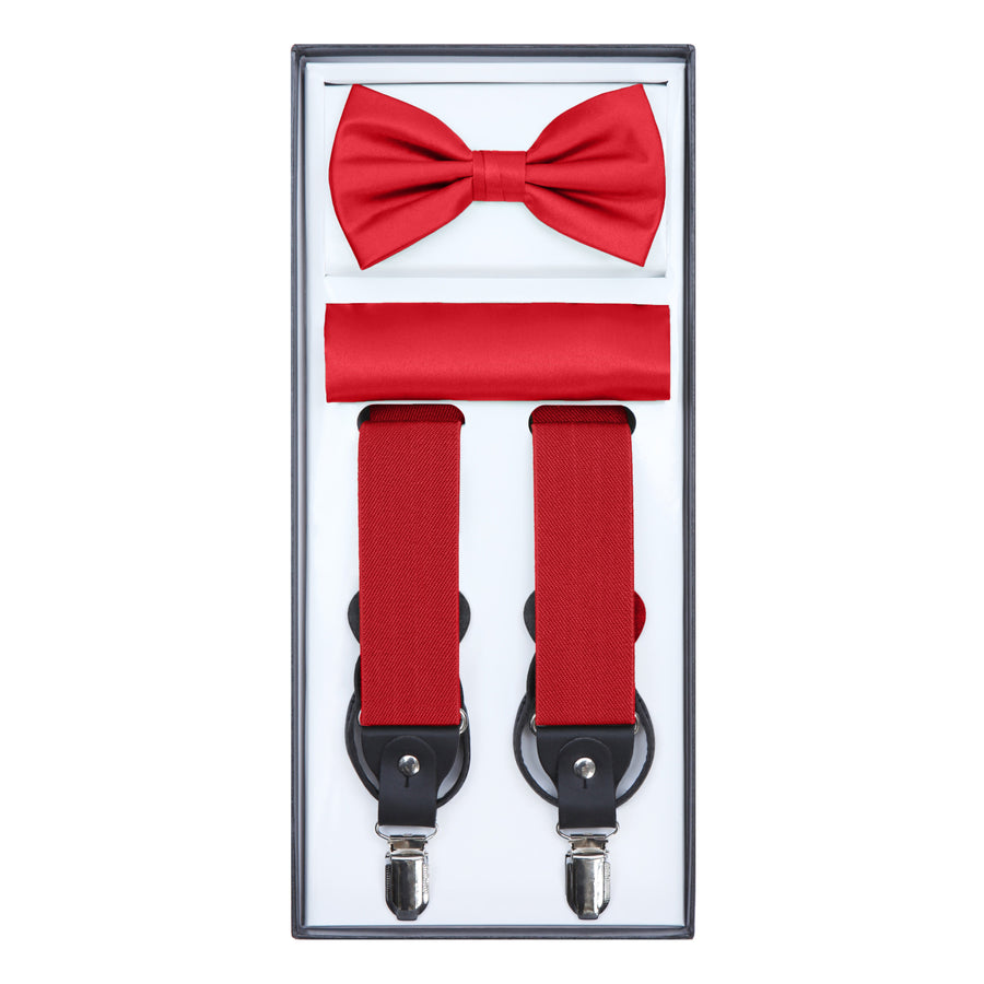 Men's 3 Piece Suspender Set - Includes Suspenders, Matching Bow Tie, Pocket Hanky and Gift Box - Red