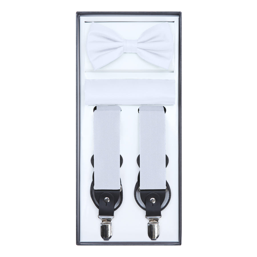 Men's 3 Piece Suspender Set - Includes Suspenders, Matching Bow Tie, Pocket Hanky and Gift Box - White