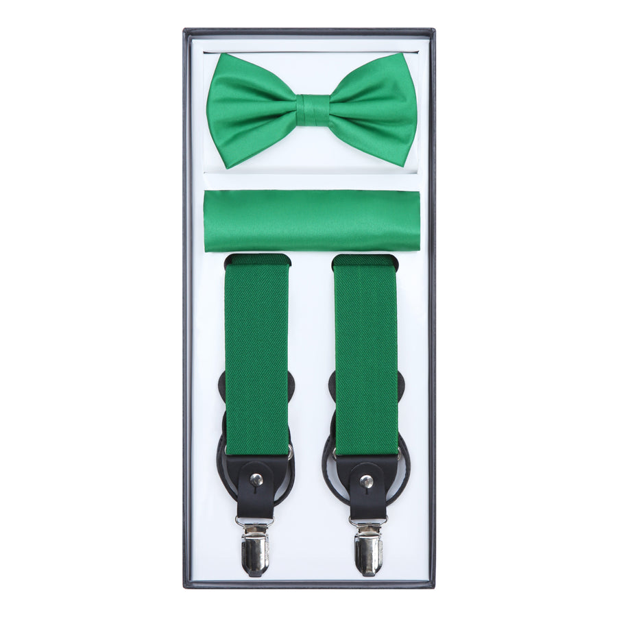 Men's 3 Piece Suspender Set - Includes Suspenders, Matching Bow Tie, Pocket Hanky and Gift Box - Kelly Green