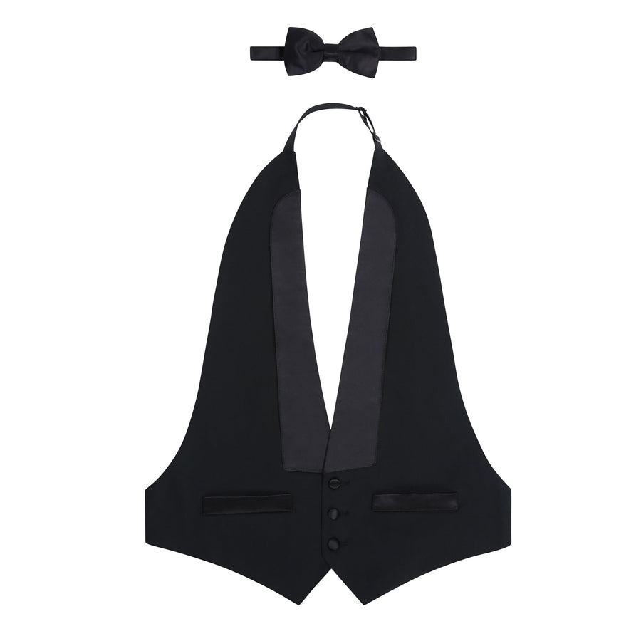 Mens Wool Backless Black Tuxedo Vest and Tie