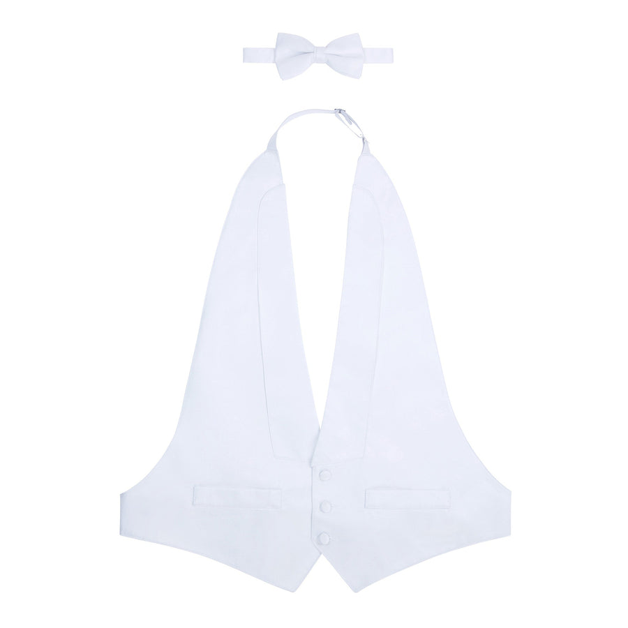 Mens Low Cut Backless White Tuxedo Vest and Tie