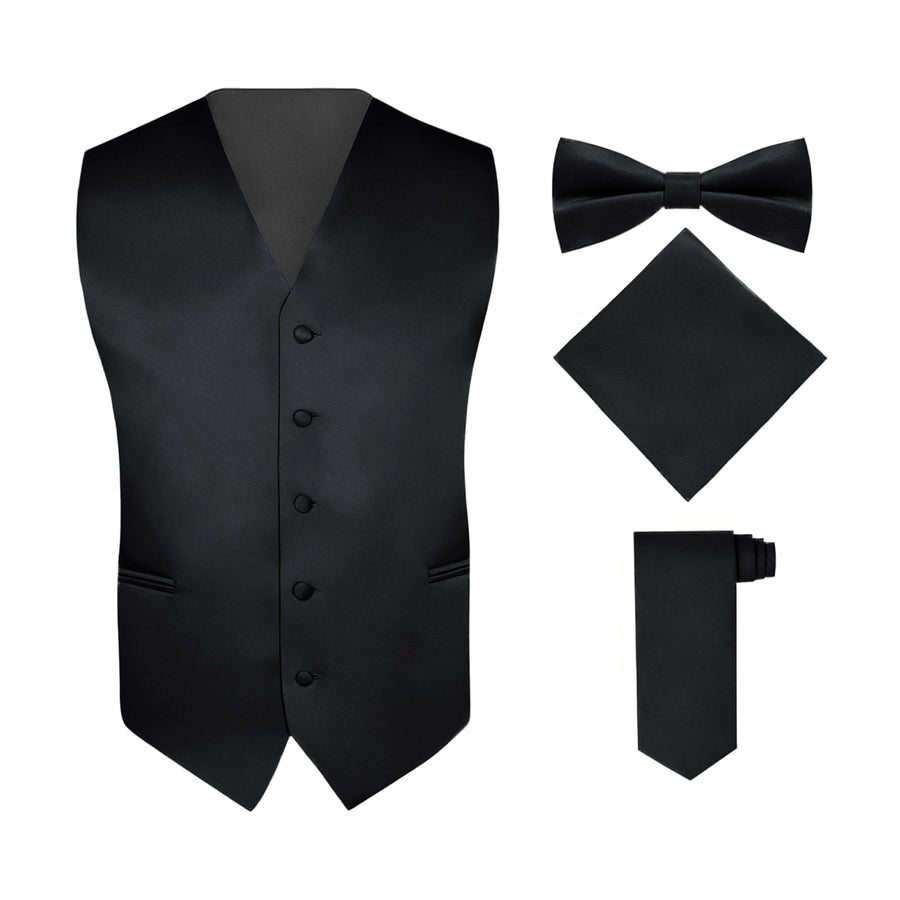 Men's Black 4 Piece Vest Set, with Bow Tie, Neck Tie & Pocket Hankie