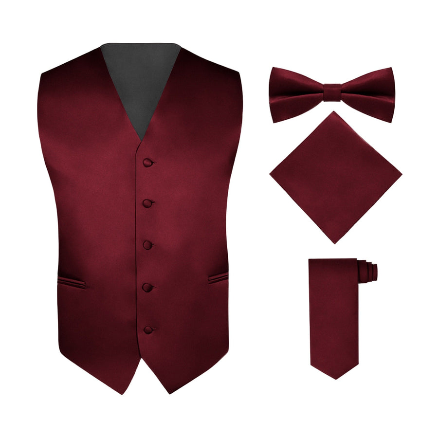 Men's Burgundy 4 Piece Vest Set, with Bow Tie, Neck Tie & Pocket Hankie