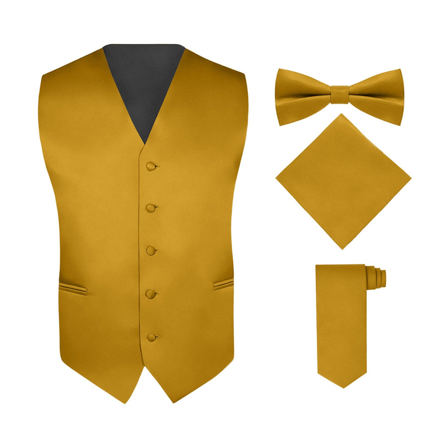 Men's Gold 4 Piece Vest Set, with Bow Tie, Neck Tie & Pocket Hankie