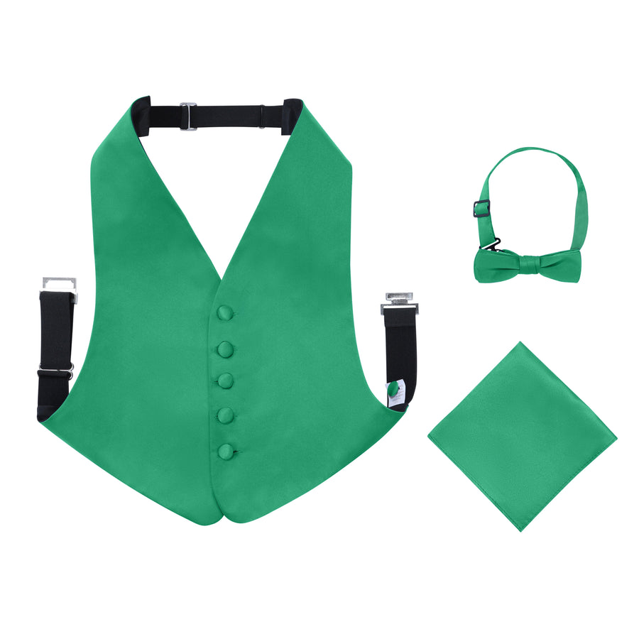 Boys 3 Piece Backless Formal Vest Set - Includes Vest, Bow Tie, Pocket Square for Tuxedo or Suit - Kelly Green