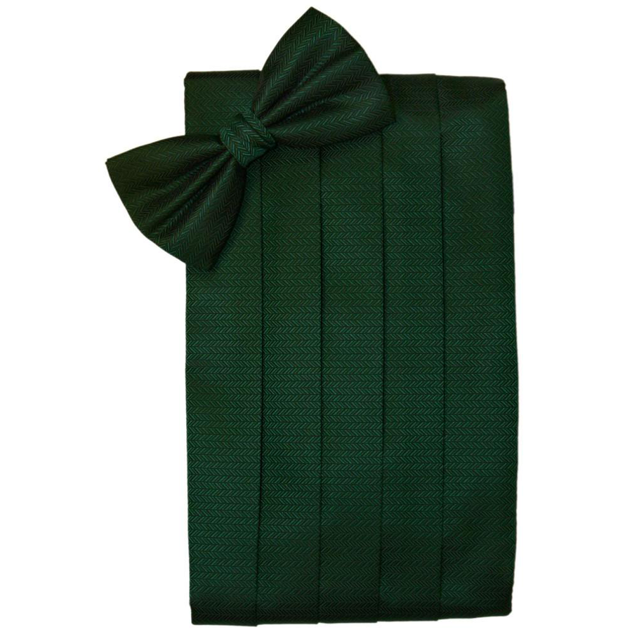 Mens Hunter Green Herringbone Bow Tie and Cummerbund Set