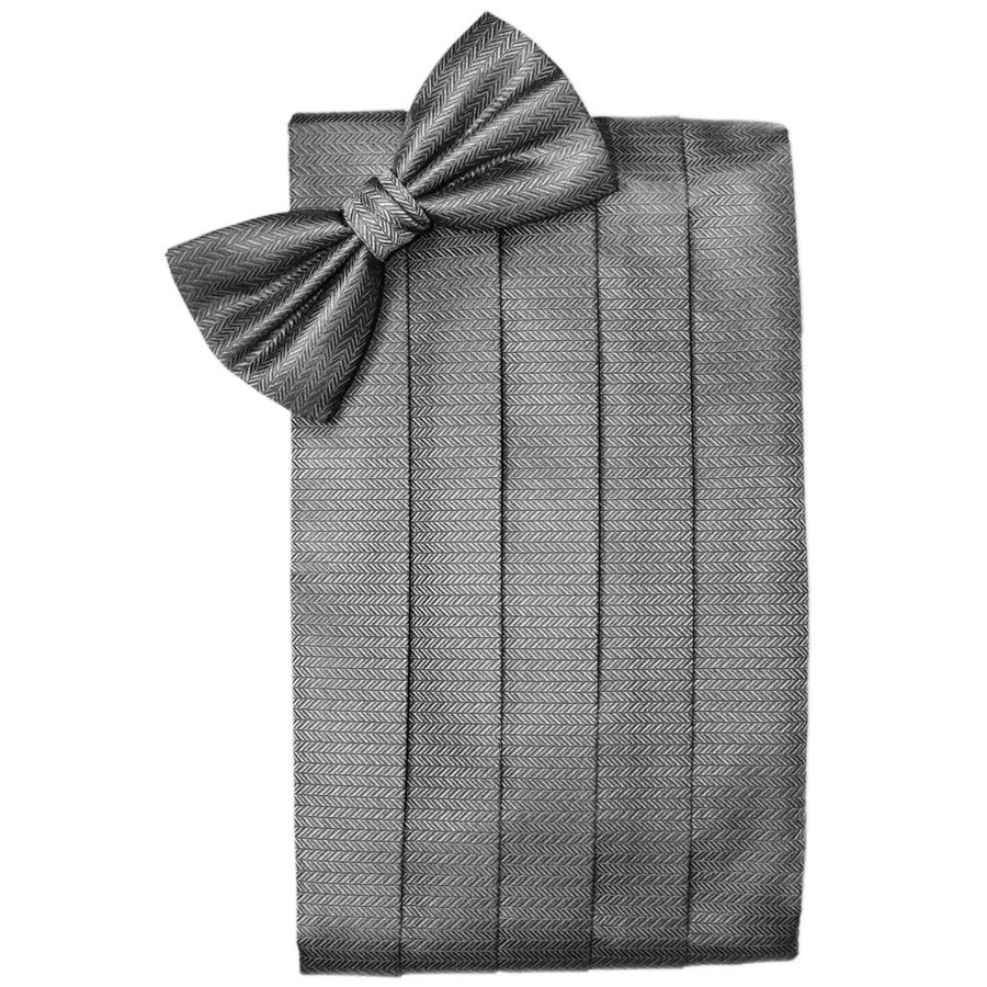 Mens Silver Herringbone Bow Tie and Cummerbund Set