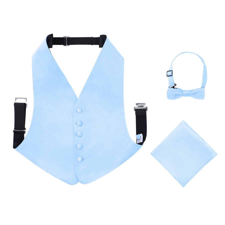 Boys 3 Piece Backless Formal Vest Set - Includes Vest, Bow Tie, Pocket Square for Tuxedo or Suit - Light Blue