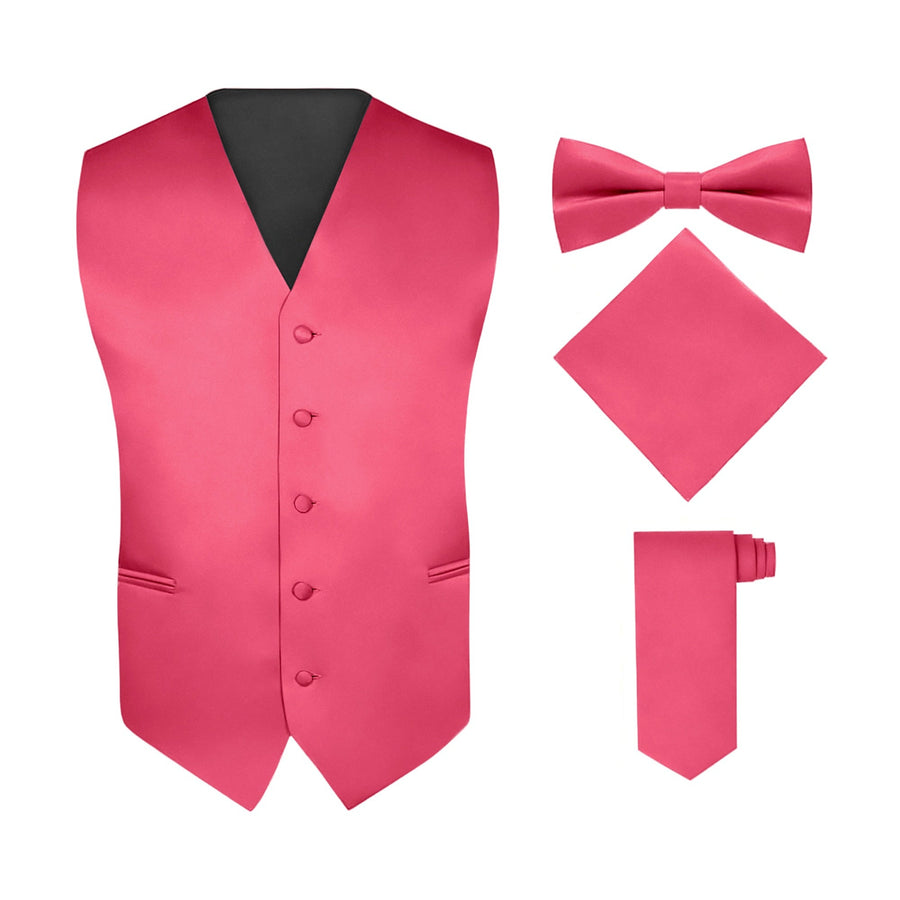 Men's Fuschia 4 Piece Vest Set, with Bow Tie, Neck Tie & Pocket Hankie