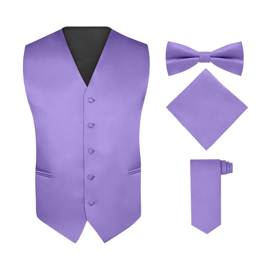 Men's Purple 4 Piece Vest Set, with Bow Tie, Neck Tie & Pocket Hankie
