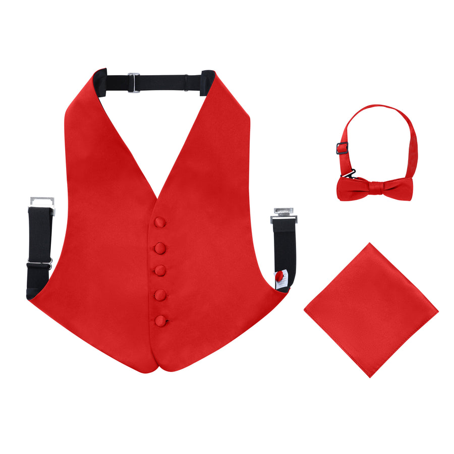 Boys 3 Piece Backless Formal Vest Set - Includes Vest, Bow Tie, Pocket Square for Tuxedo or Suit - Red