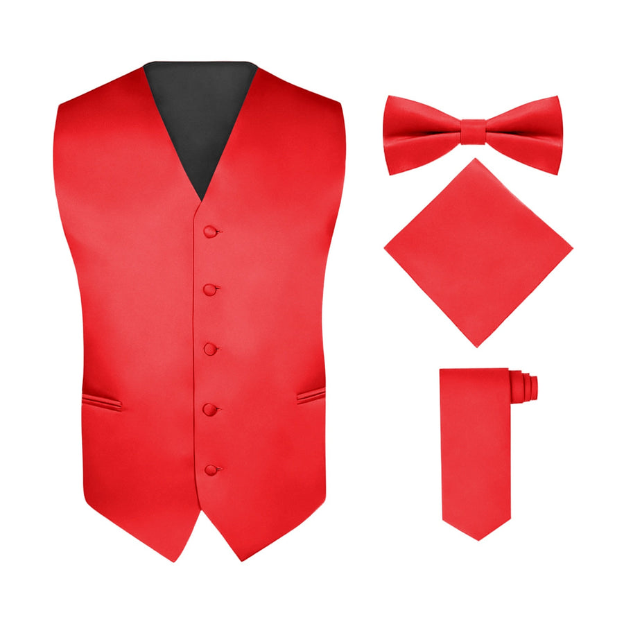 Men's Red 4 Piece Vest Set, with Bow Tie, Neck Tie & Pocket Hankie