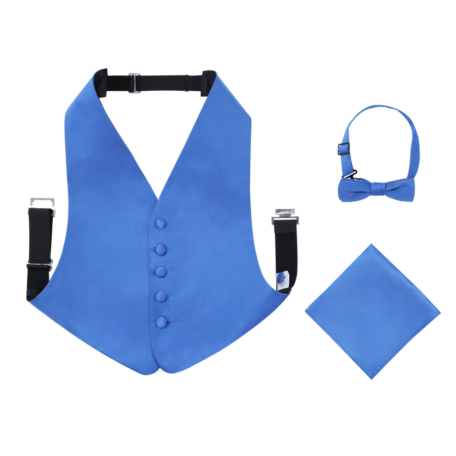 Boys 3 Piece Backless Formal Vest Set - Includes Vest, Bow Tie, Pocket Square for Tuxedo or Suit - Royal Blue