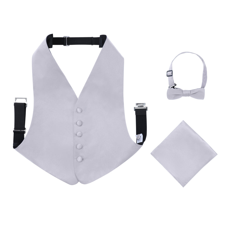 Boys 3 Piece Backless Formal Vest Set - Includes Vest, Bow Tie, Pocket Square for Tuxedo or Suit - Silver