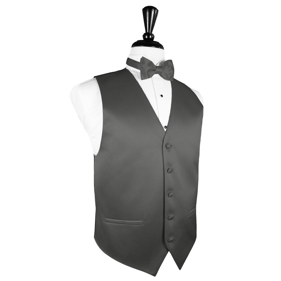 Dress Form Displaying a Charcoal Solid Satin Mens Wedding Vest and Tie