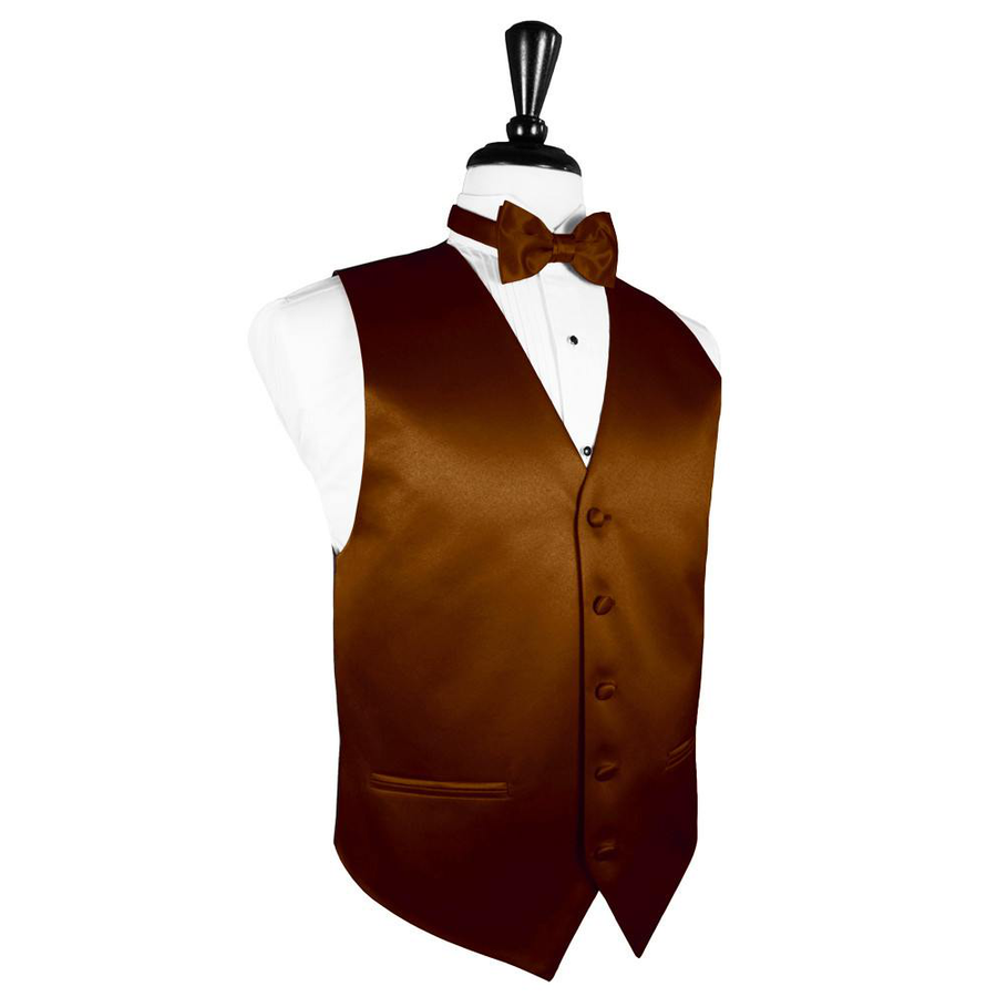 Dress Form Displaying a Cognac Solid Satin Mens Wedding Vest and Tie