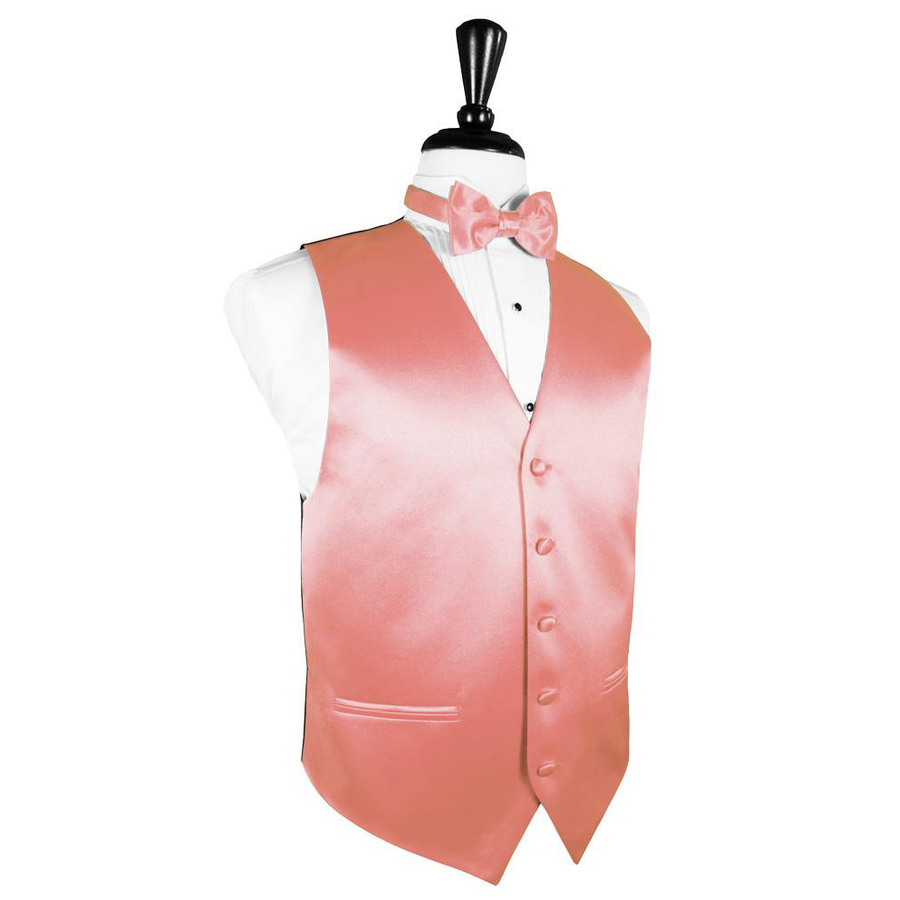 Dress Form Displaying a Coral Reef Solid Satin Mens Wedding Vest and Tie