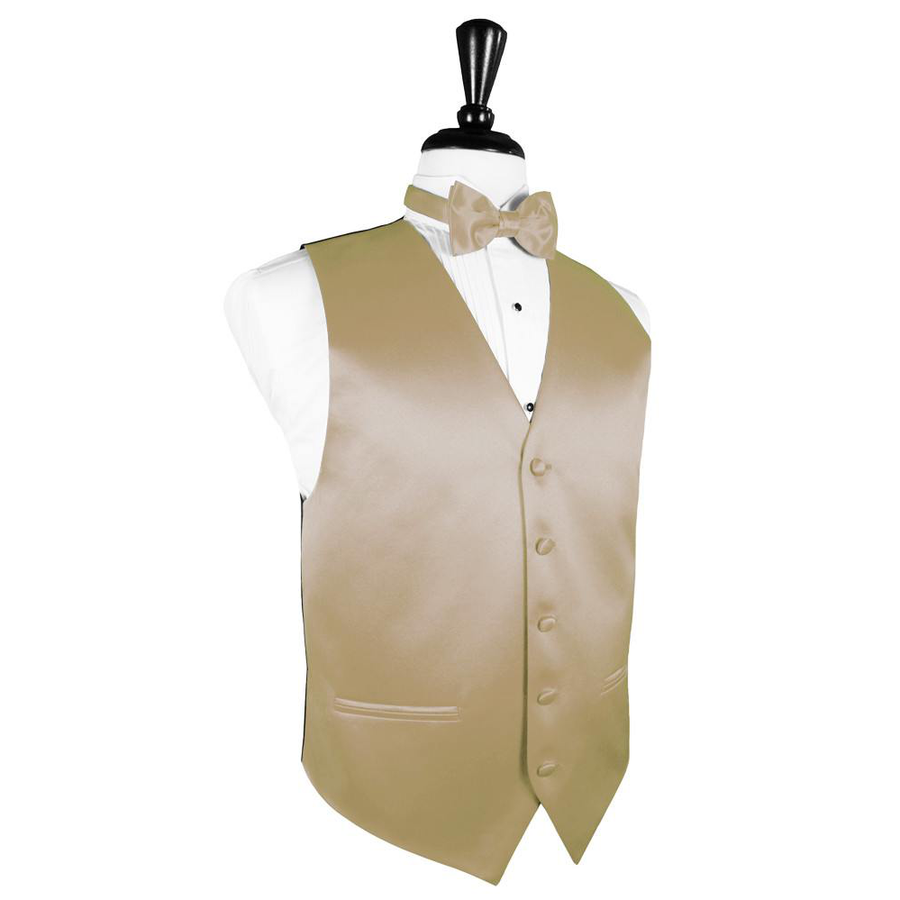 Dress Form Displaying a Gold Solid Satin Mens Wedding Vest and Tie