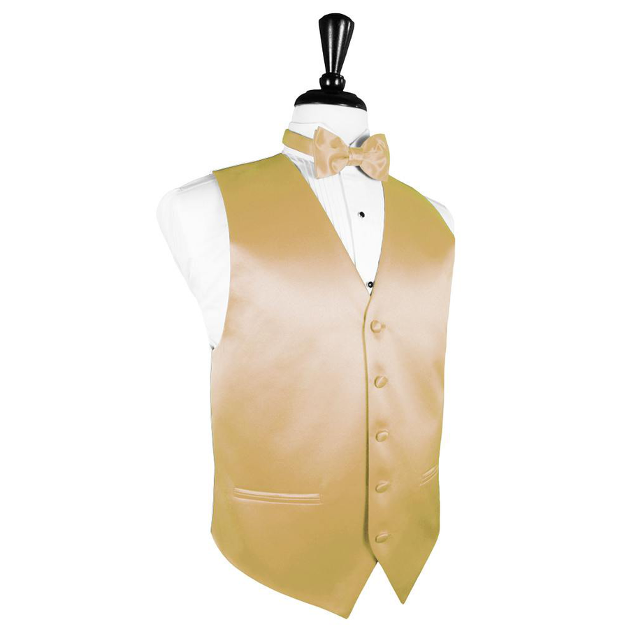 Dress Form Displaying a HarVest and Tie Maize Solid Satin Mens Wedding Vest and Tie