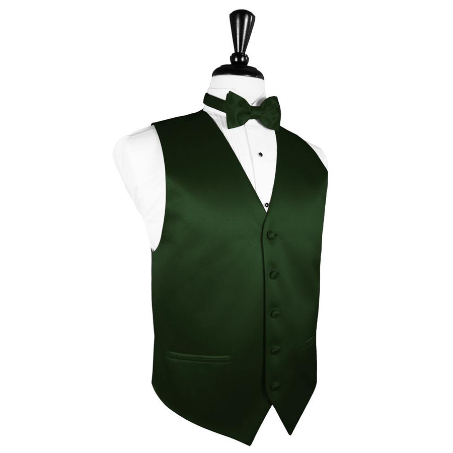 Dress Form Displaying a Hunter Green Solid Satin Mens Wedding Vest and Tie