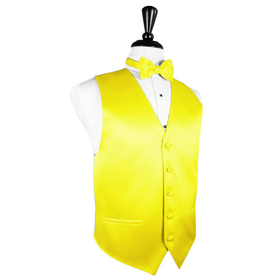 Dress Form Displaying a Lemon Solid Satin Mens Wedding Vest and Tie