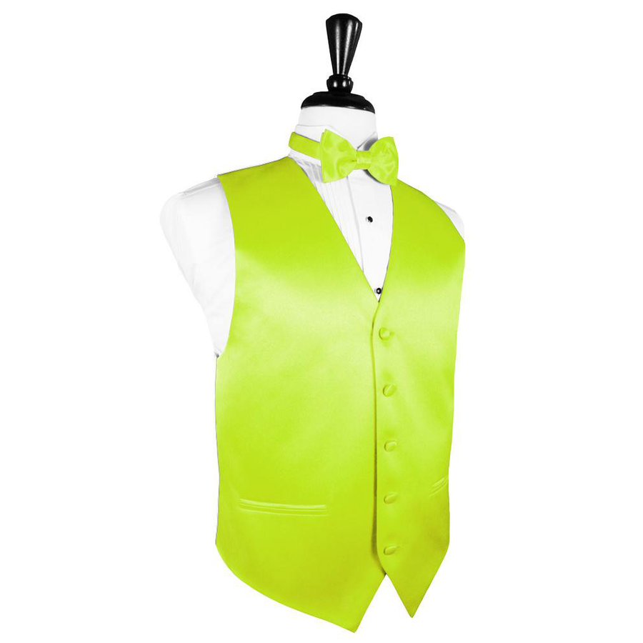 Dress Form Displaying a Lime Green Solid Satin Mens Wedding Vest and Tie