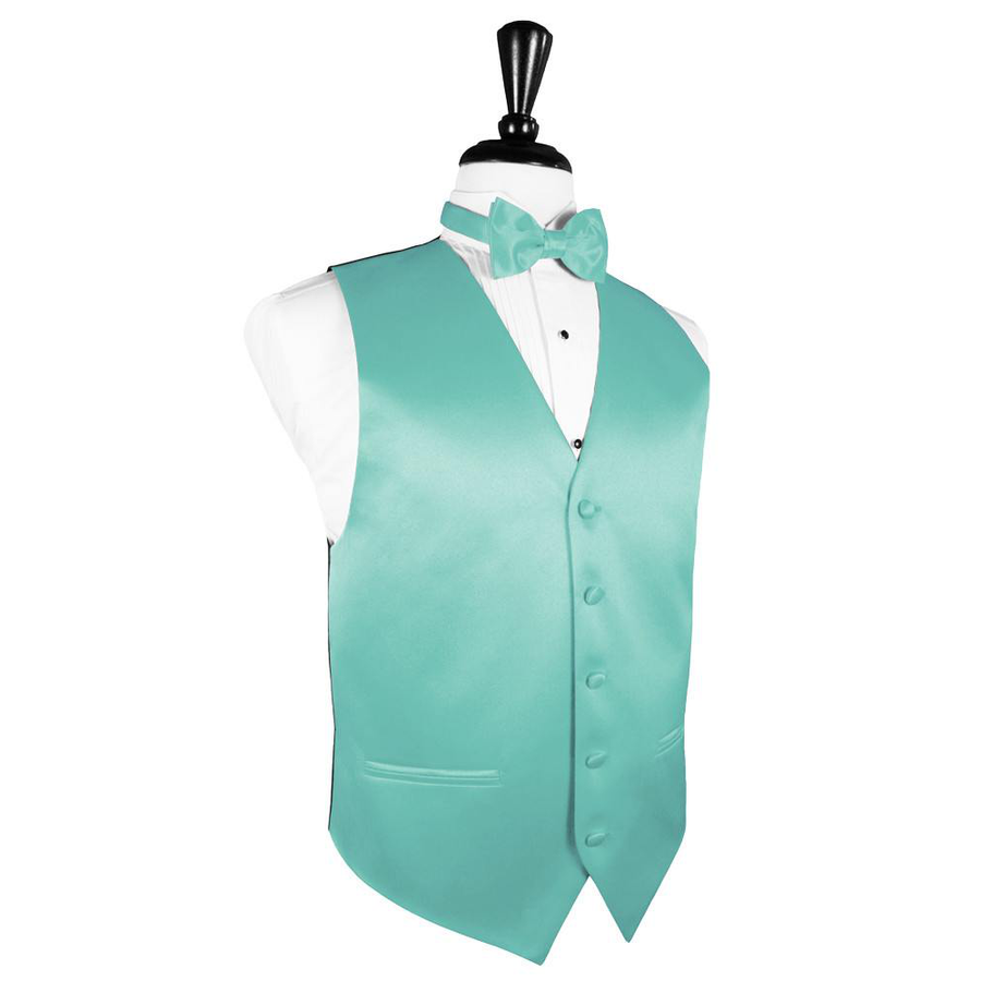 Dress Form Displaying a Mermaid Solid Satin Mens Wedding Vest and Tie