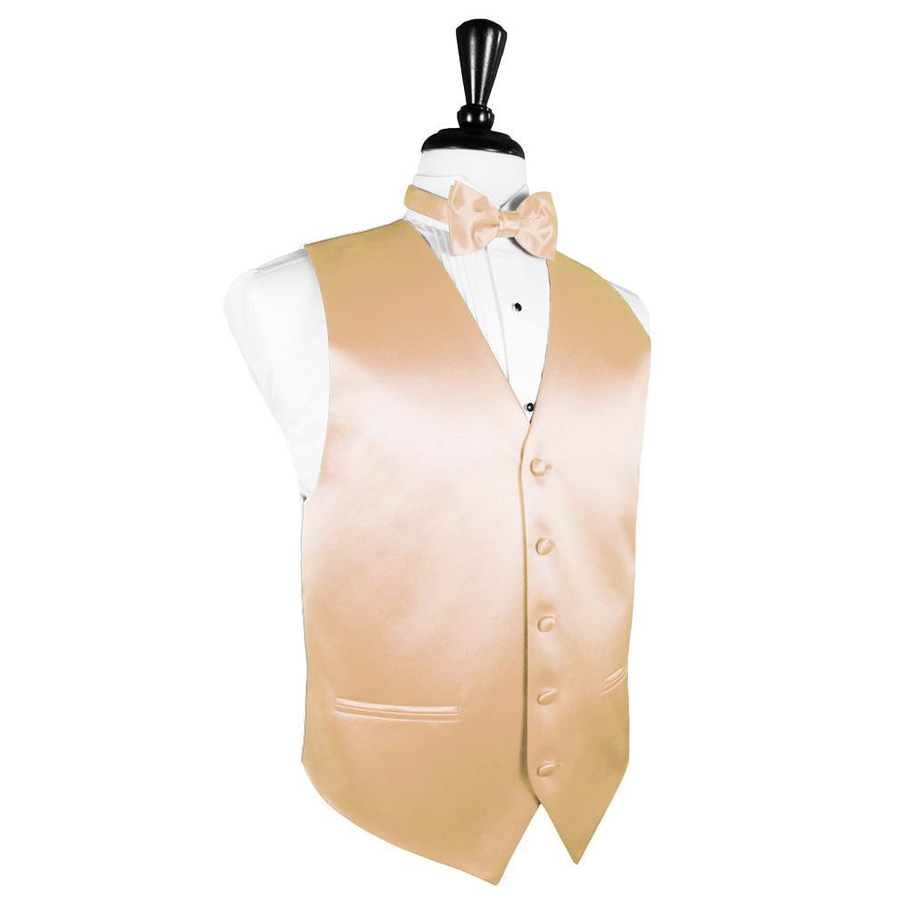 Dress Form Displaying a Peach Solid Satin Mens Wedding Vest and Tie
