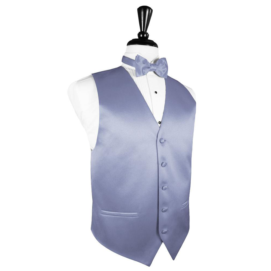 Dress Form Displaying a Periwinkle Solid Satin Mens Wedding Vest and Tie