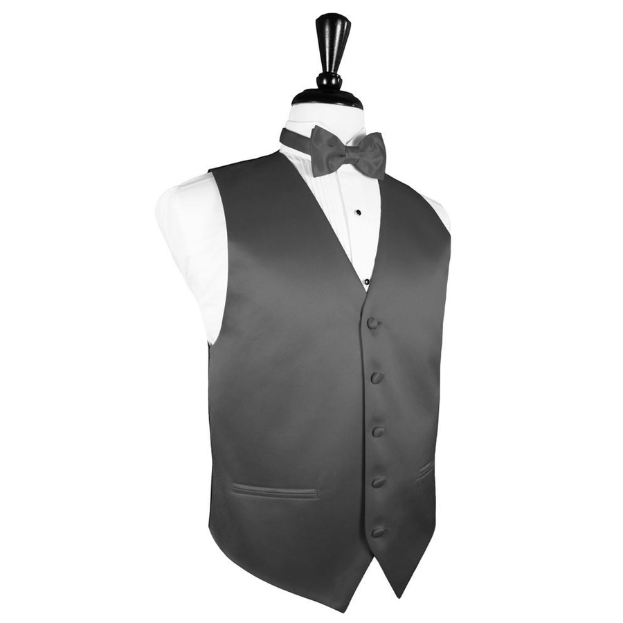 Dress Form Displaying a Pewter Solid Satin Mens Wedding Vest and Tie
