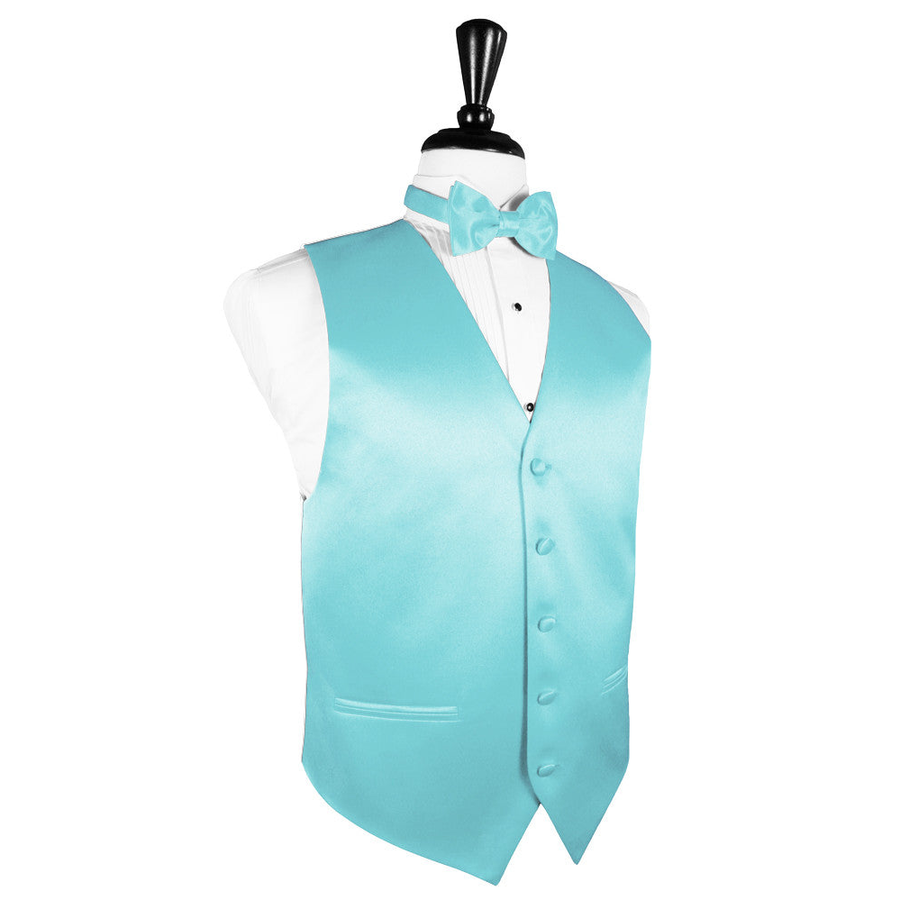 Dress Form Displaying a Pool Blue Solid Satin Mens Wedding Vest and Tie