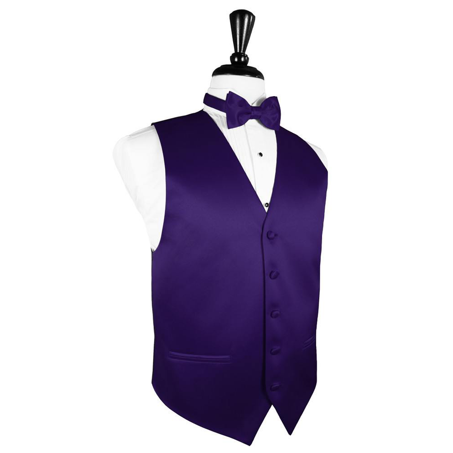 Dress Form Displaying a Purple Solid Satin Mens Wedding Vest and Tie