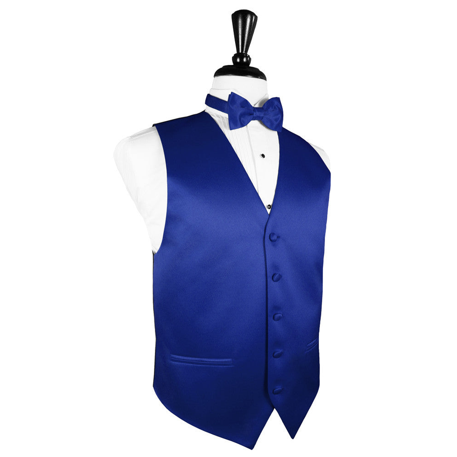 Dress Form Displaying a Royal Blue Solid Satin Mens Wedding Vest and Tie
