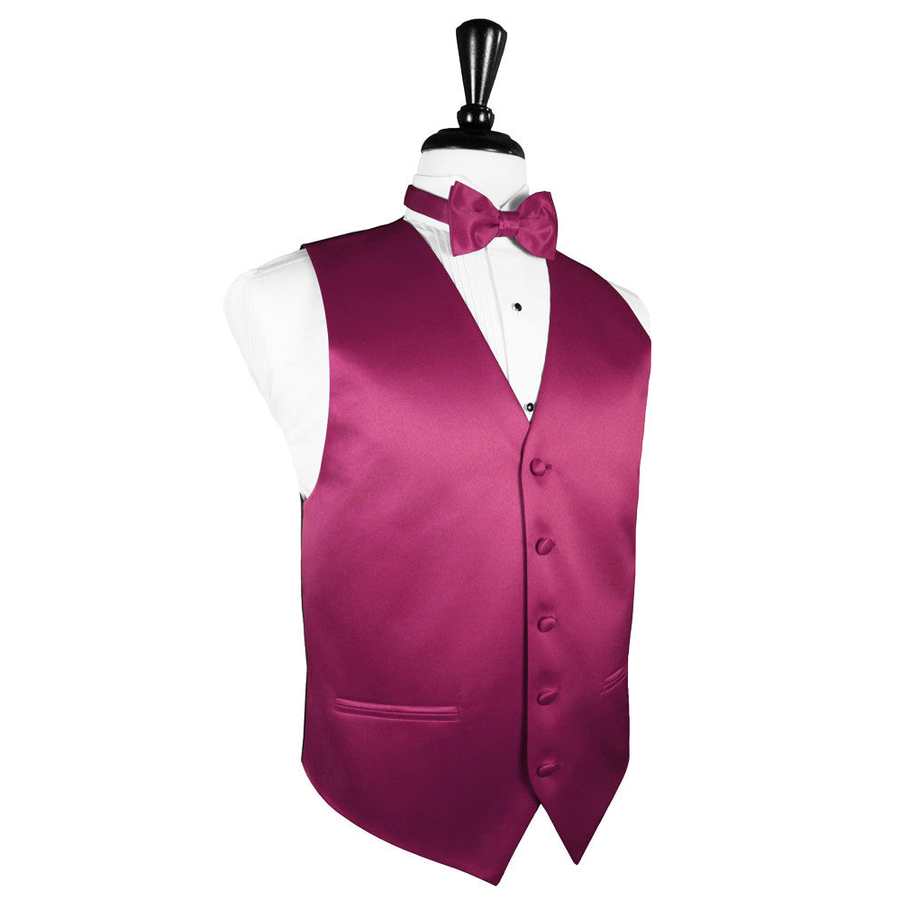 Dress Form Displaying a Watermelon Solid Satin Mens Wedding Vest and Tie