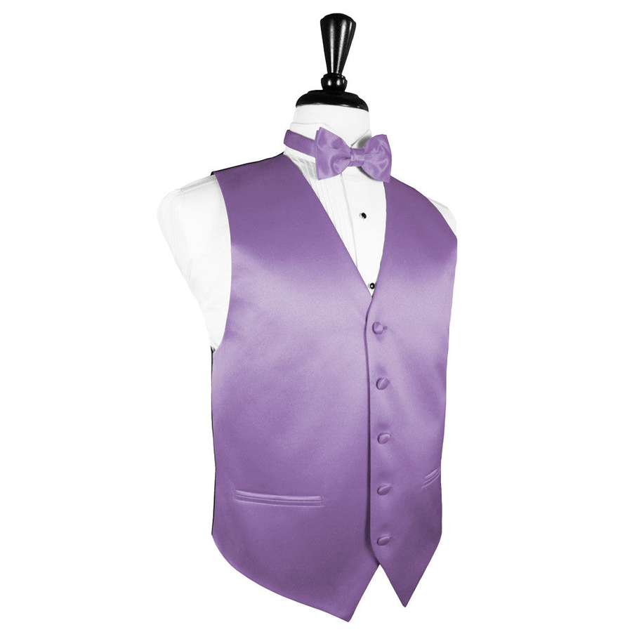 Dress Form Displaying a Wisteria Solid Satin Mens Wedding Vest and Tie