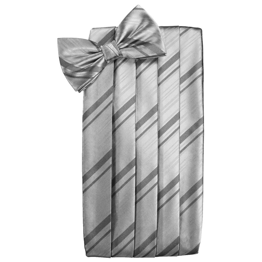 Mens Silver Striped Satin Bow Tie and Cummerbund Set