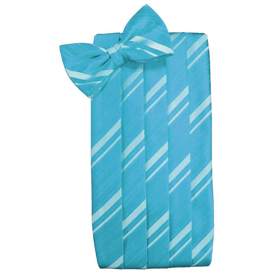 Mens Turquoise Striped Satin Bow Tie and Cummerbund Set