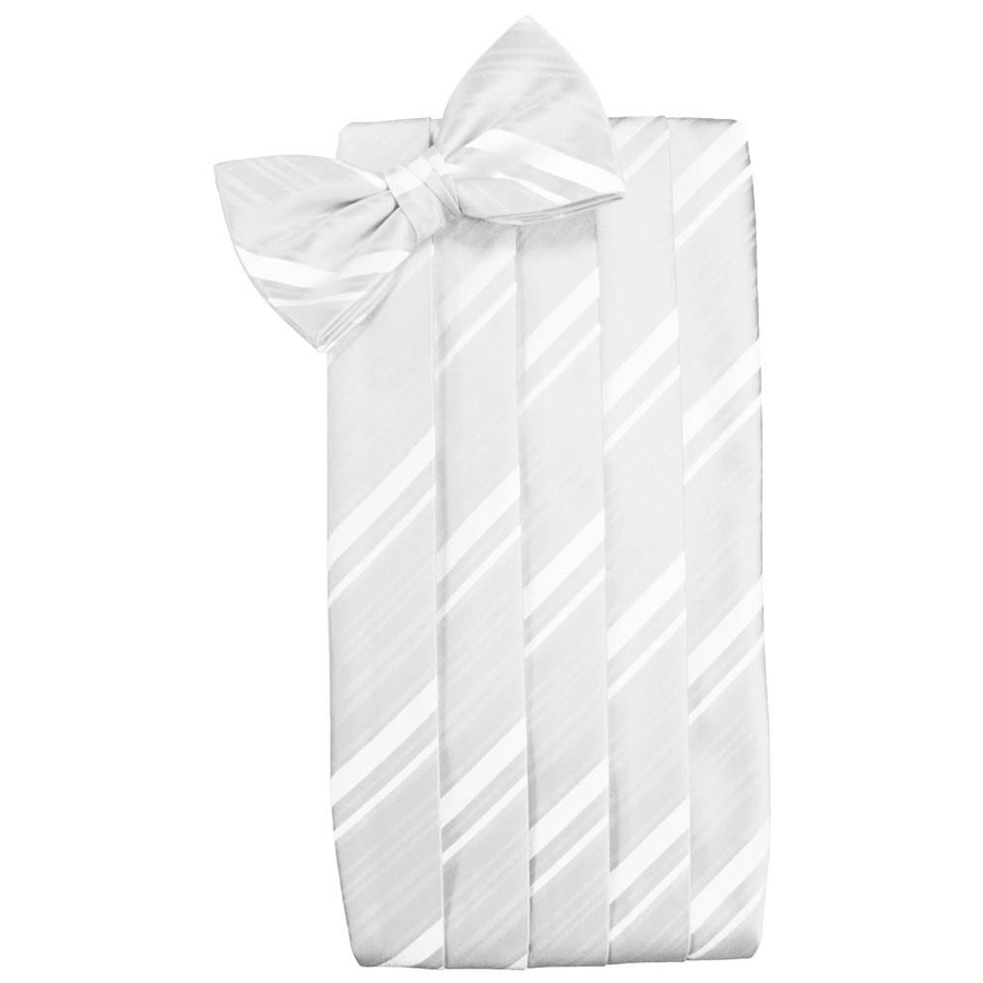 Mens White Striped Satin Bow Tie and Cummerbund Set