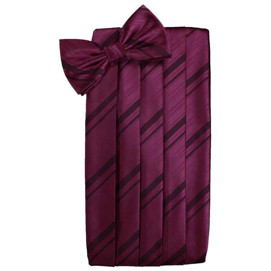 Mens Wine Striped Satin Bow Tie and Cummerbund Set