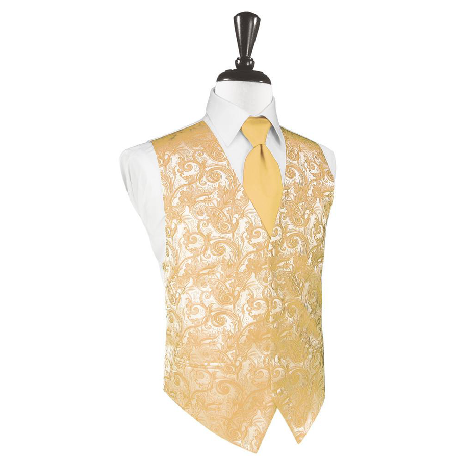 Dress Form Displaying A Apricot Tapestry Mens Wedding Vest With Tie