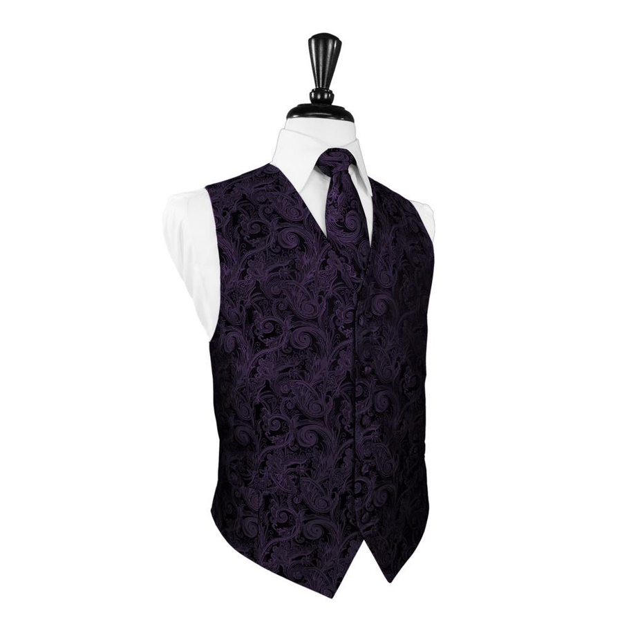 Dress Form Displaying A Berry Tapestry Mens Wedding Vest With Tie