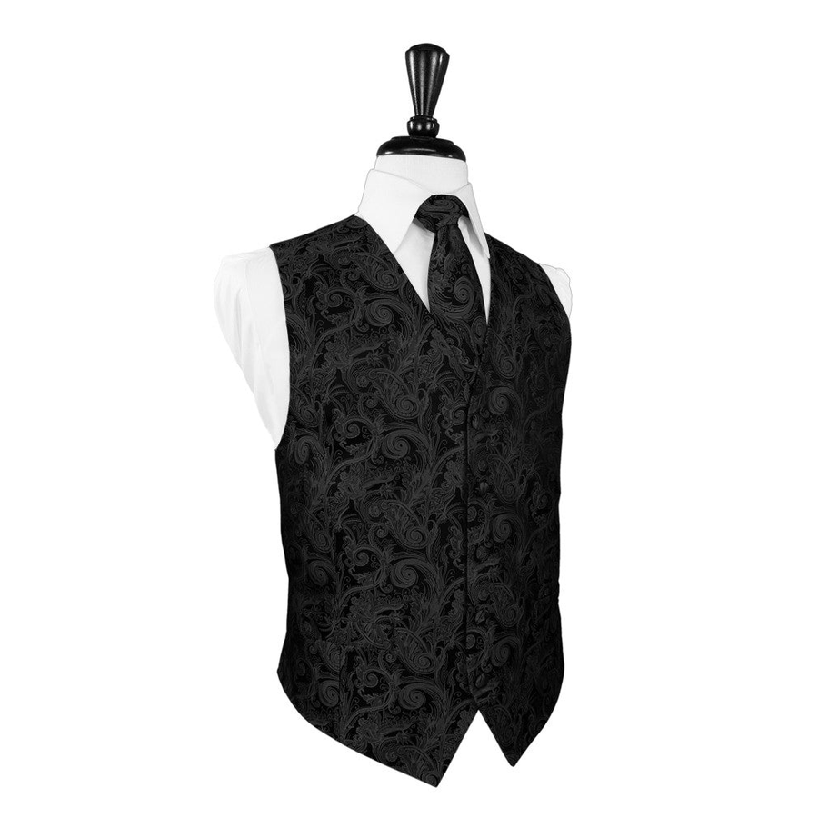 Dress Form Displaying A Black Tapestry Mens Wedding Vest With Tie