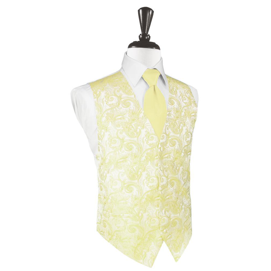 Dress Form Displaying A Canary Yellow Tapestry Mens Wedding Vest With Tie