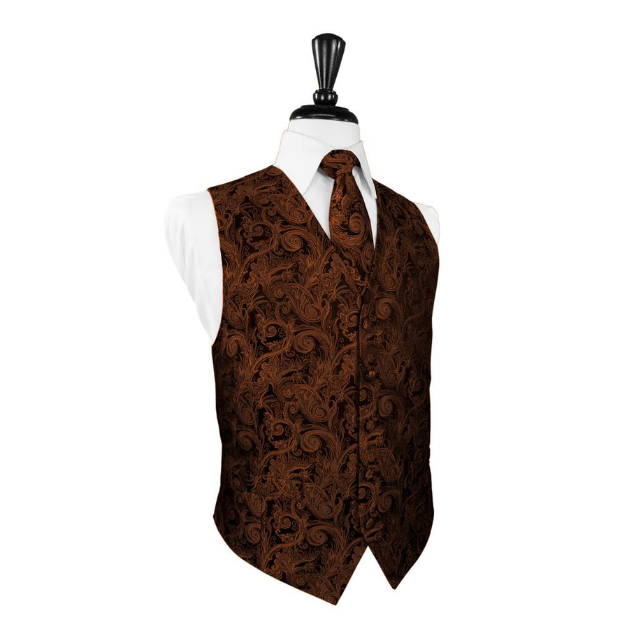 Dress Form Displaying A Cognac Tapestry Mens Wedding Vest With Tie