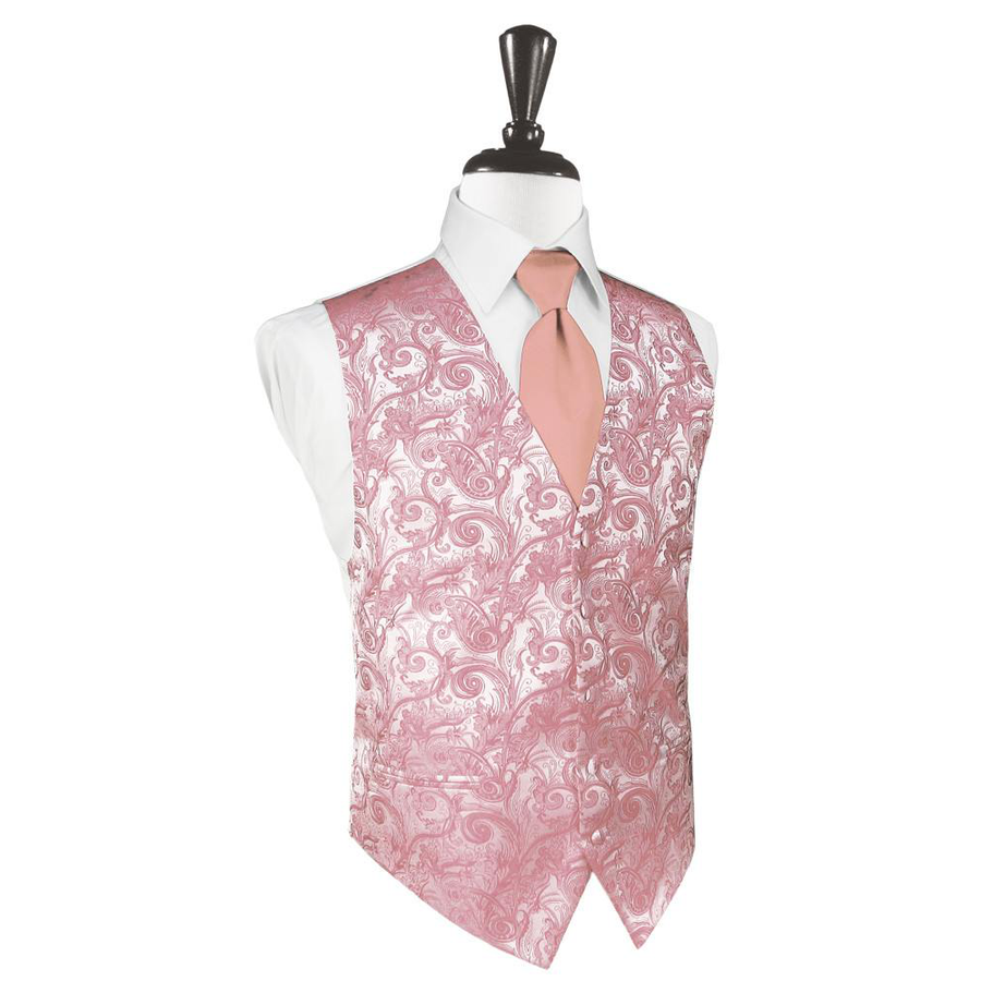 Dress Form Displaying A Coral Tapestry Mens Wedding Vest With Tie