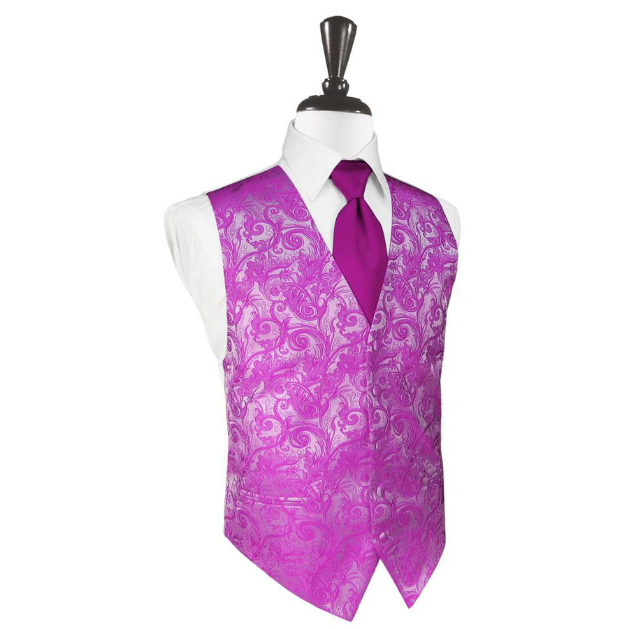 Dress Form Displaying A Fuchsia Tapestry Mens Wedding Vest With Tie