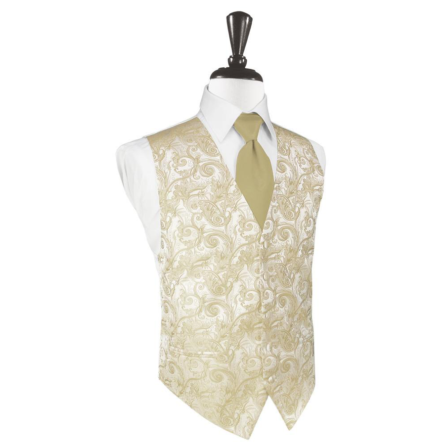 Dress Form Displaying A Golden Tapestry Mens Wedding Vest With Tie
