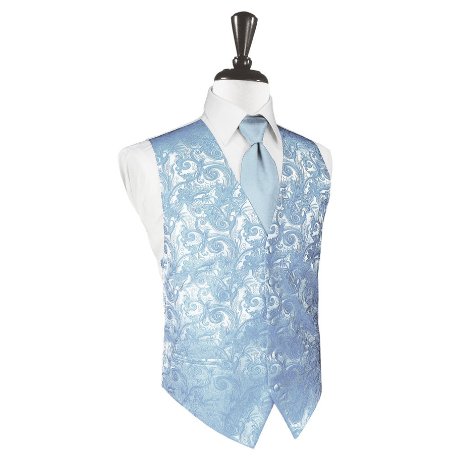 Dress Form Displaying A Light Blue Tapestry Mens Wedding Vest With Tie