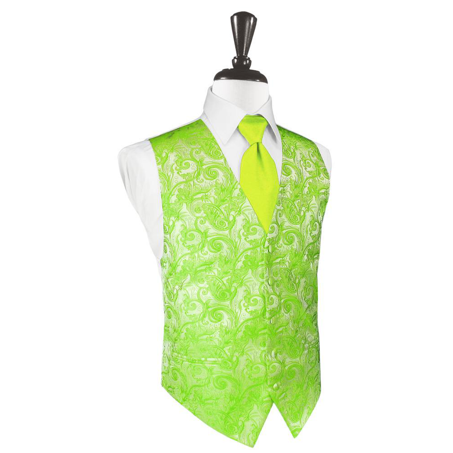 Dress Form Displaying A Lime Green Tapestry Mens Wedding Vest With Tie